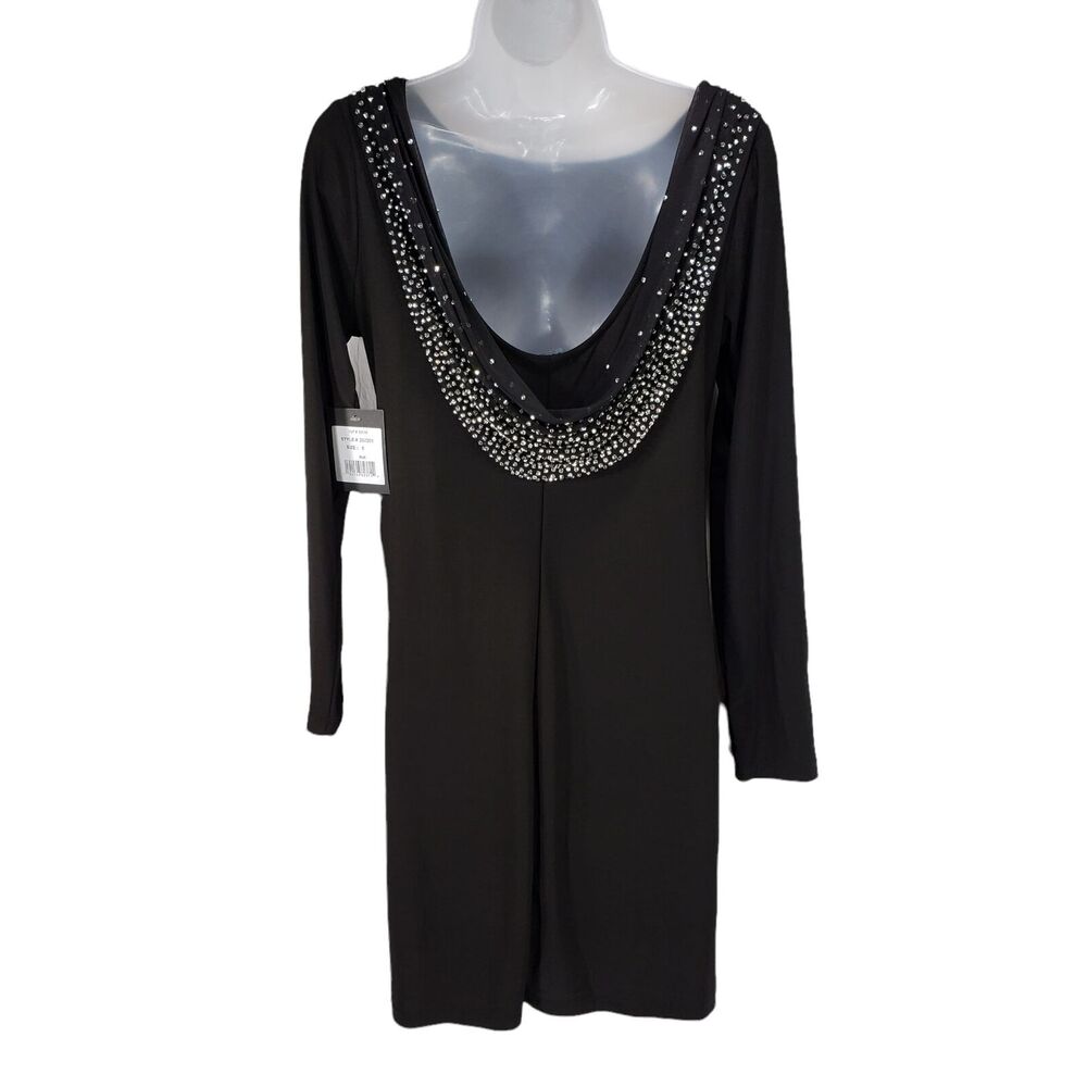 Marina Cowl Neck Sheath Dress 8 Womens Scoop Back Black Rhinestones‎ Made In USA